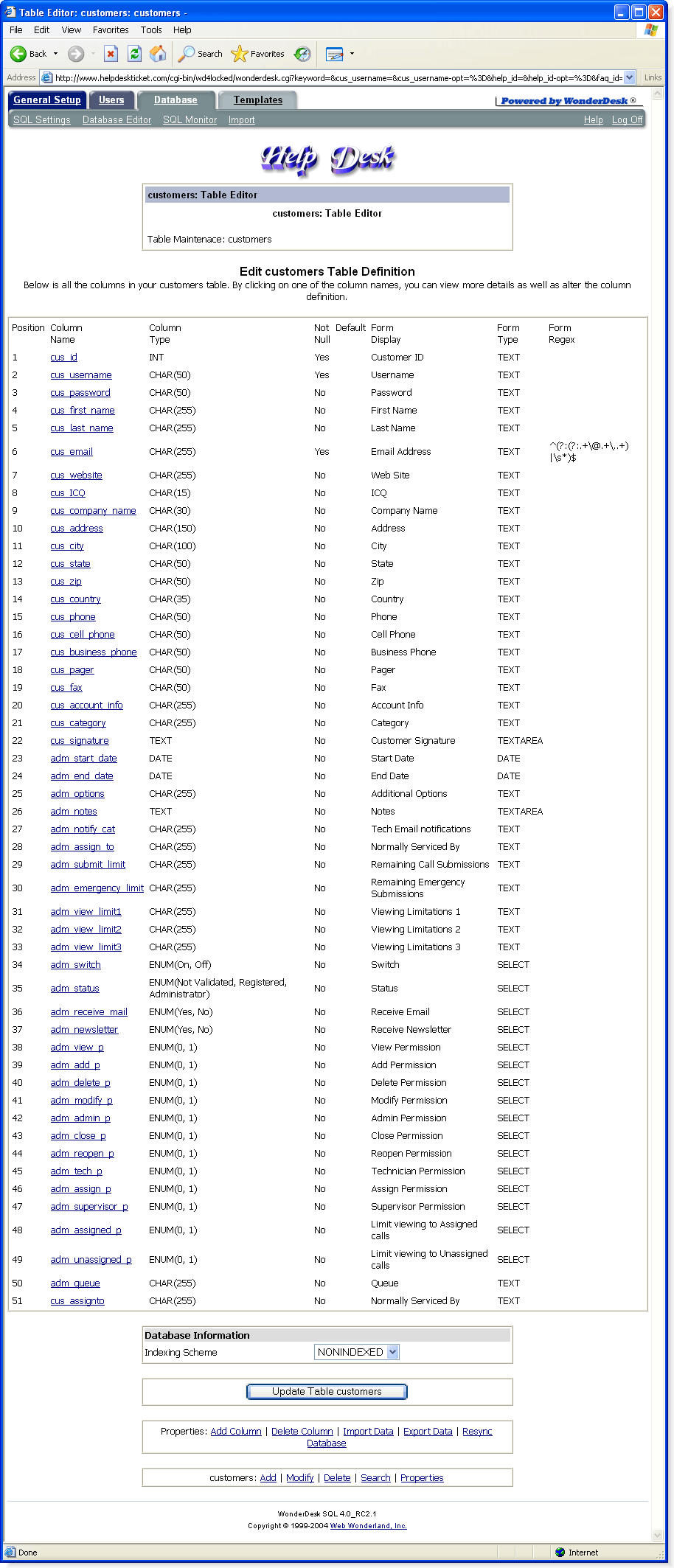 Help Desk Software Screenshots Control Panel Database Editor